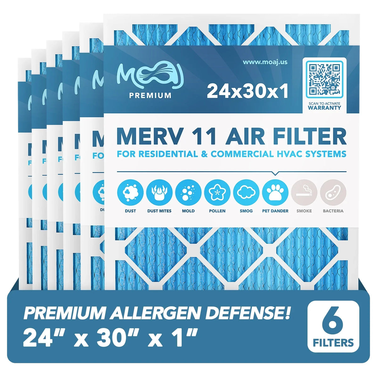 | Premium Air MOAJ 11 (6-PACK) for 24x30x1 (in.) | Dimensions: | BASED | 23.70" Pleated Actual Air MERV Furnace Replacement Applications AC Allergen IN USA Defense | x & Filters x Filter 0.75" 29.70"