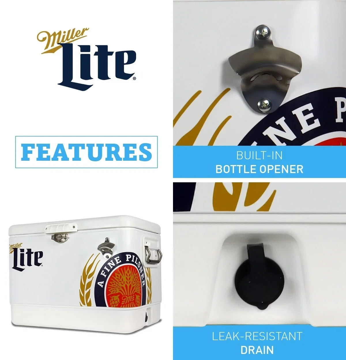 51L Fishing 85 Tailgating, Blue, Camping, Beach, Portable Chest with Cooler, RV, QT), Opener, and Beverage BBQs, (54 White steel-belted Can Bottle Miller Lite for Cooler Ice