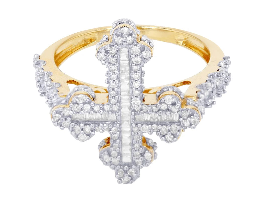 Diamond 0.875 Cross Gold Ring 10K Baguette CT Yellow-White