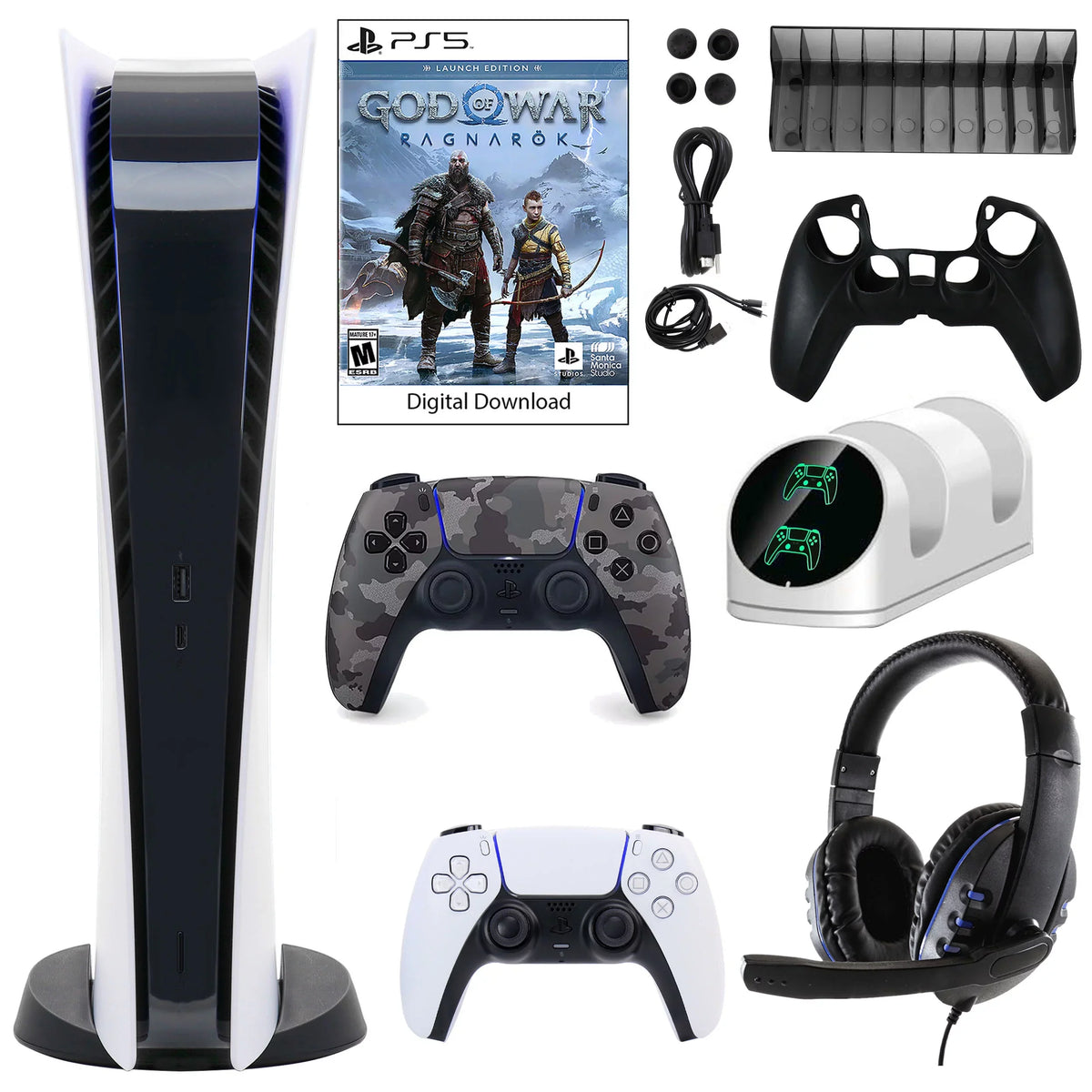 Dualsense Gray PlayStation and Sony Kit 5 GOW Console with Digital Extra Camo Accessories Controller