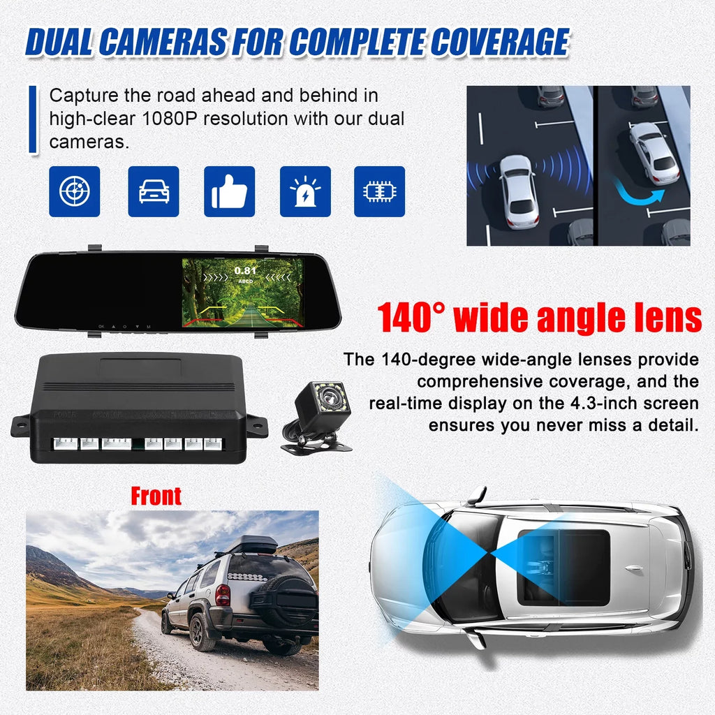 Dazzduo Screen Dual Support Radars Cam Inch Rear Rear Screen Camera Dash 4.3 Rear Dash DVR Reco 4.3 Rear 4 Dual Dash Reverse Reverse Dash Inch Radars Inch Radars 1080P Camera,Camera Camera
