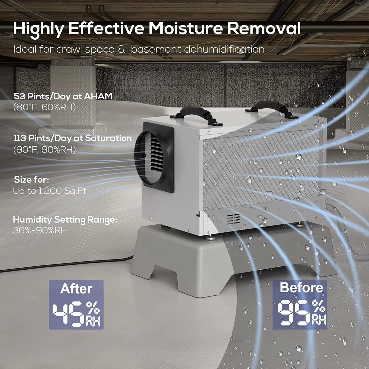 Treatment Memory BaseAire Hose Dehumidifier for Spaces, Air Pint Starting Commercial Basements, Crawl Refine Defrost, 113 Drain with Auto