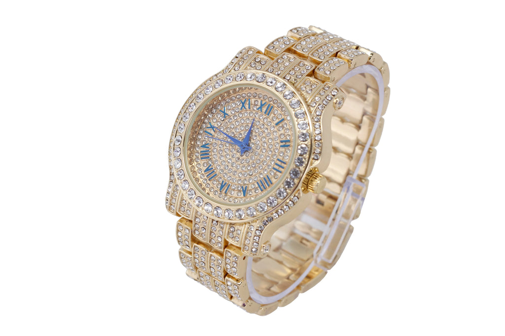 '- Set #Blue) Bracelet Out 3pc King Watch Cuban Bling-ed Luxury Round Out and w/Bling-ed Mens L0504 BR Ring Set(11,Gold Iced