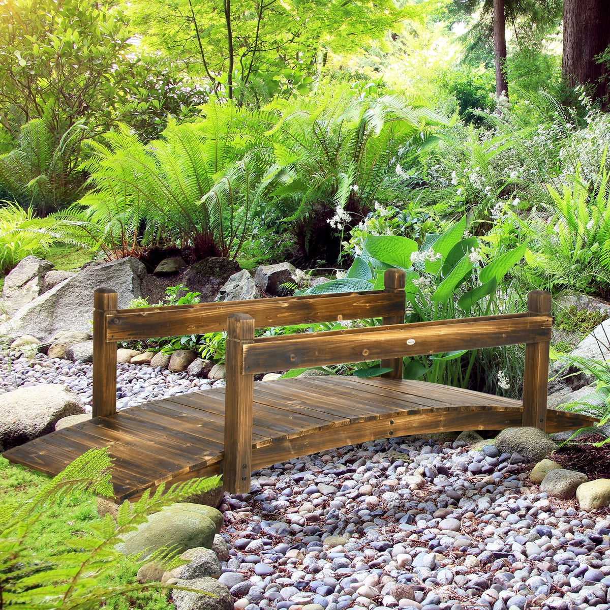 Bridge with Finish Arc Planters, Outsunny Wooden Stained Garden Footbridge
