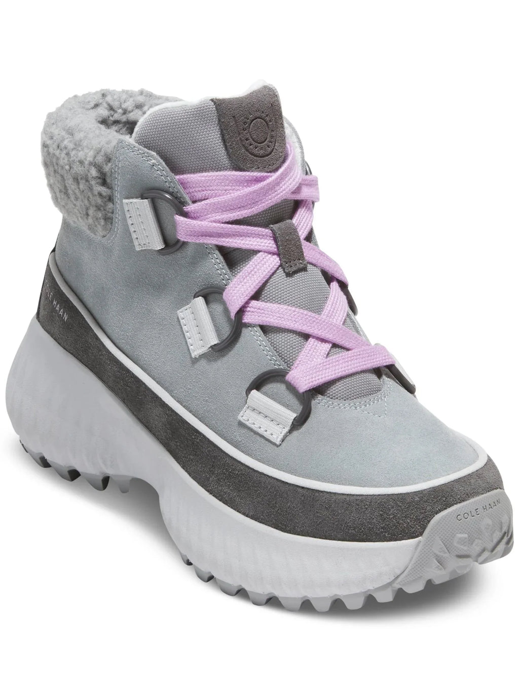 Shearling HAAN Faux Boots Cushioned Round B Waterproof Hiking 5 Zerogrand Cuff Lace-Up COLE Womens Leather Gray Wedge Toe Flurry