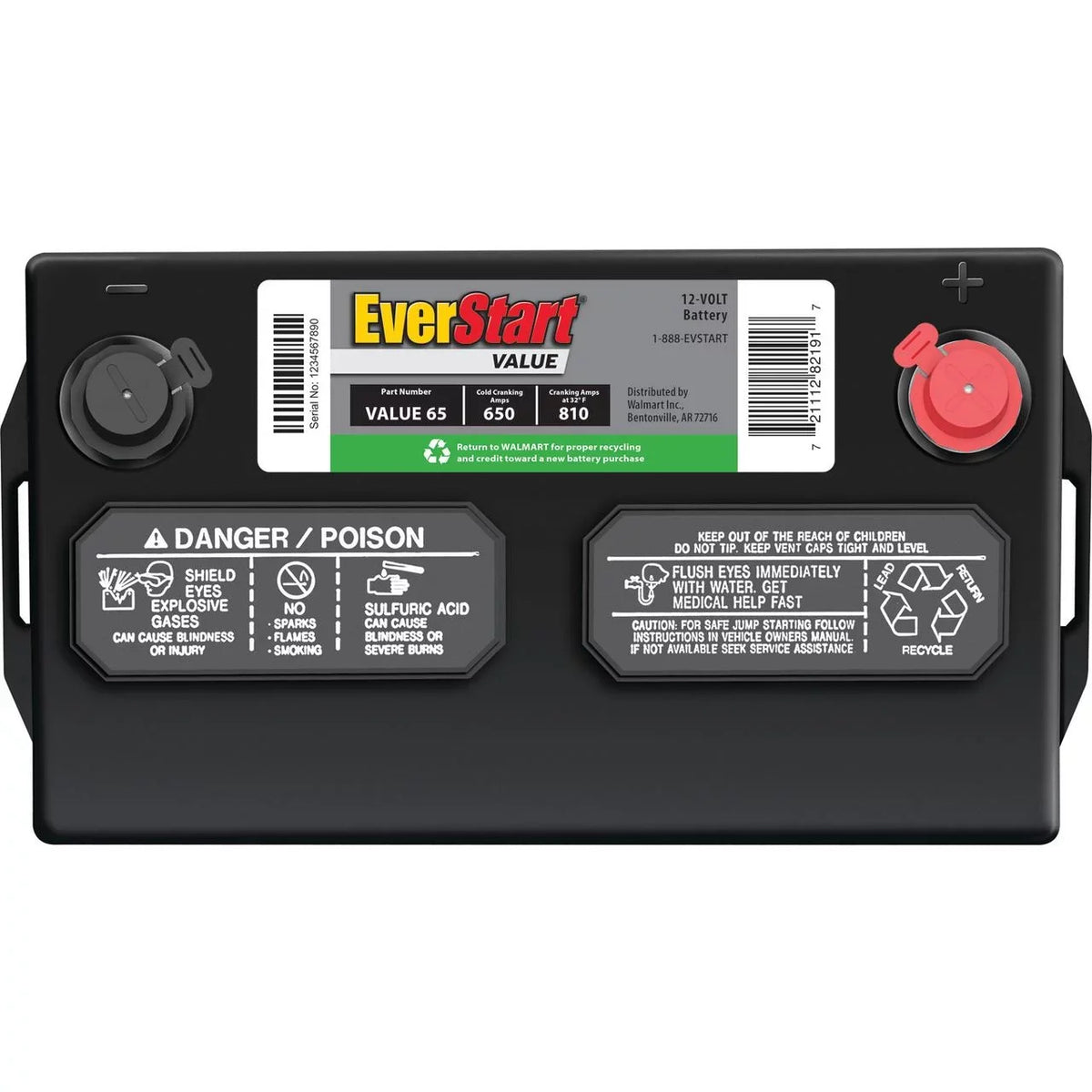 Size Group Battery, Value Volts, CCA EverStart 65 Automotive 12 Lead 650 Acid