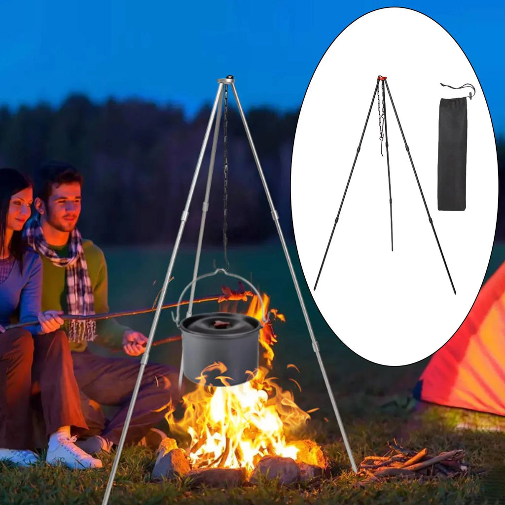Accessory Portable with ing Campfire Cooking Adjustable Outdoor Camping Black Tripod, Pot Picnic Cookware , Grill Tripod Aluminum Stand