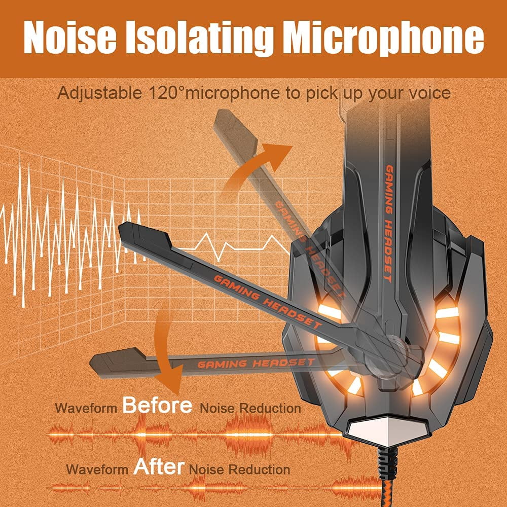 Soft BENGOO LED Cancelling Xbox One PS4, Headset Gaming with Over Ear Surround, Mic, Memory Headphones Stereo Bass PC, Earmuffs Noise (Orange) Controller, G9000 Light, for
