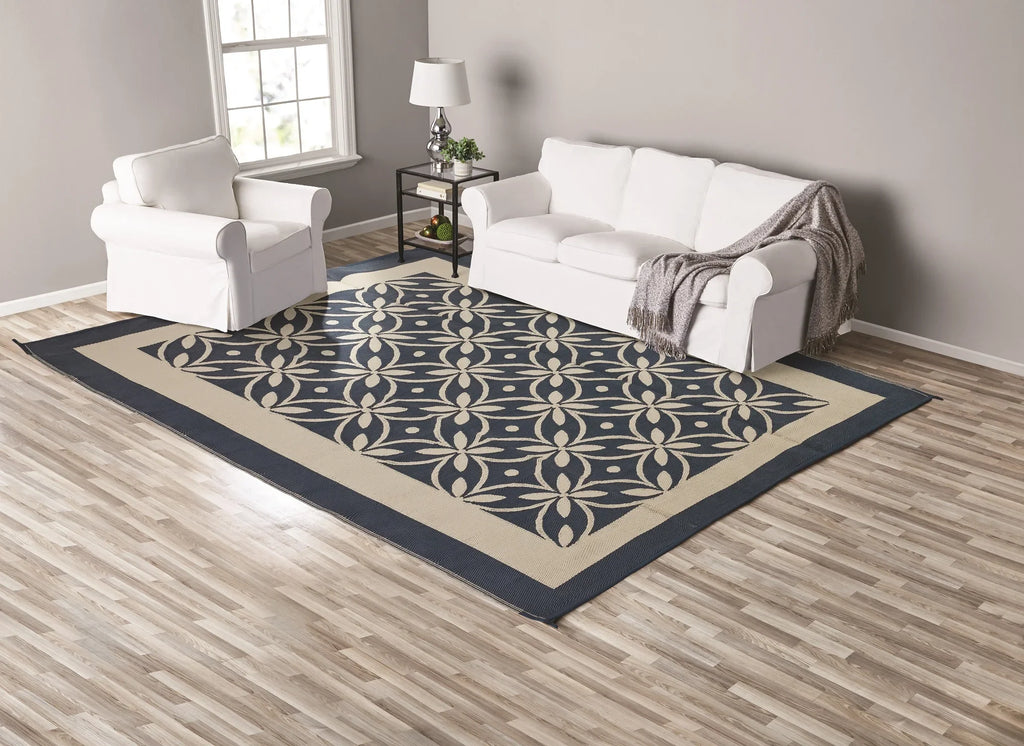 Design Flower Blue Garden RV Reversible Auto / Patios Good RV Mat, 9x12ft Tan for Patio and Drive