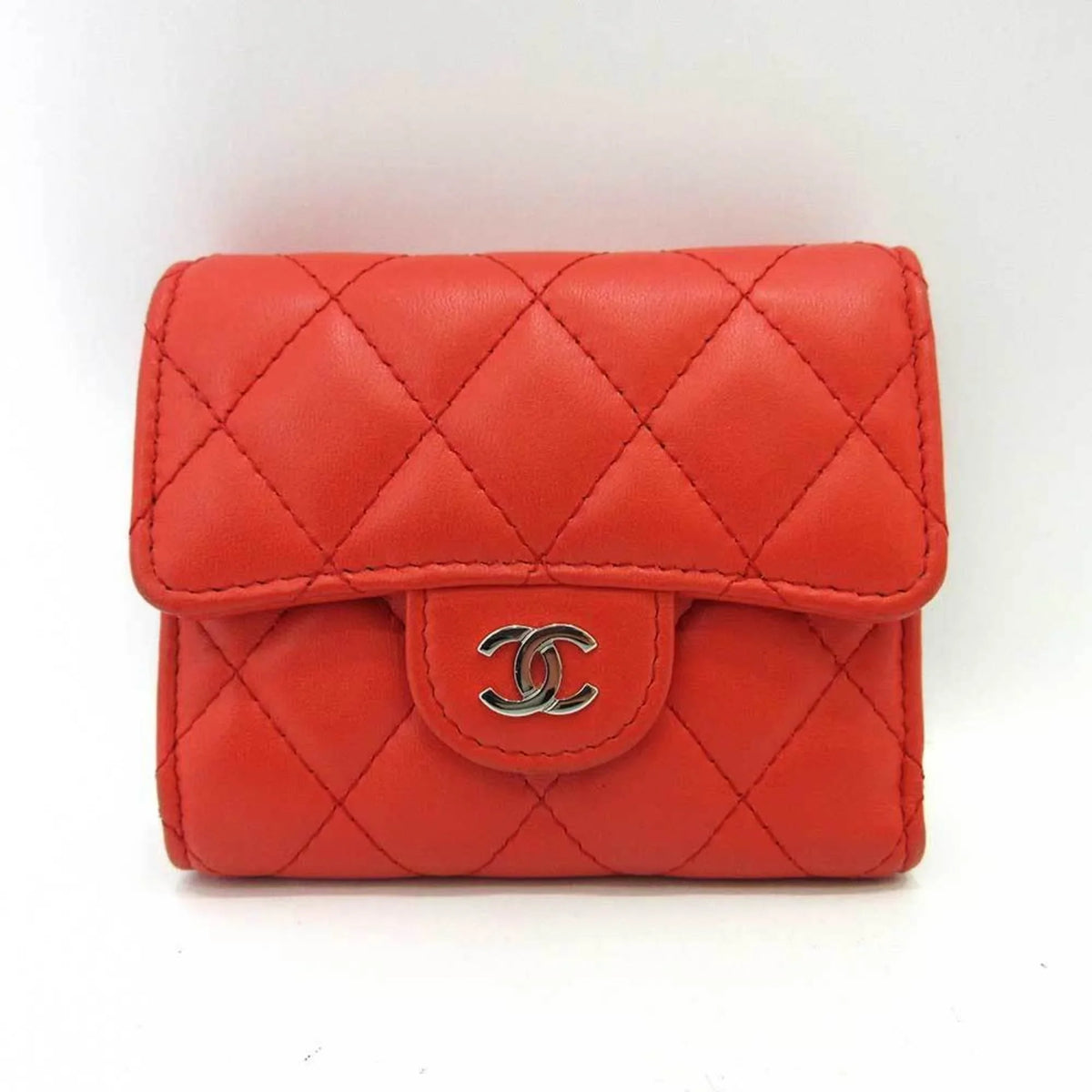 Pre-Owned Lambskin Orange Wallet Matelasse Metal Fittings Chanel CHANEL Series Red Women's Mini (Good) Silver Small Trifold