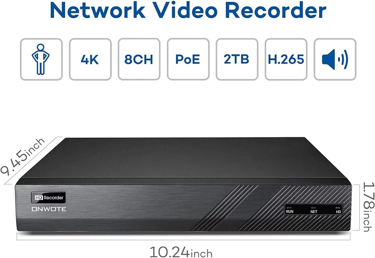 ONWOTE 4K NVR Synchronous 8CH with for System, Angle Wide Recording, 4K 6pcs POE Security Playback Channel 2TB 8MP 8 HDD Wired, AI 4K Human Cameras 8 Camera Channel Detection, Outdoor 24/7