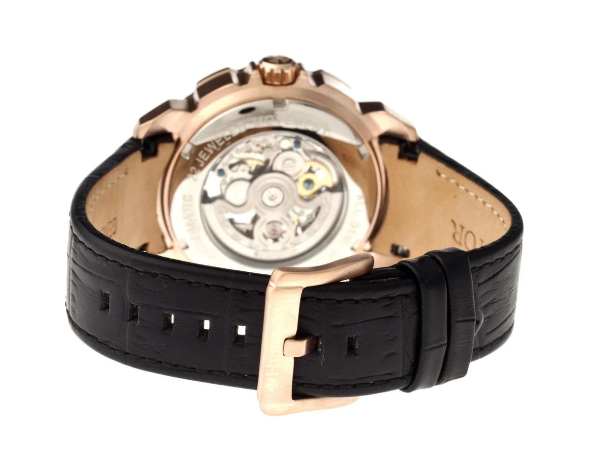 Black Case Men's Steel Rose Leather Heritor Stainless Gold-tone HR2506 Black Skeleton Dial Watch Carter