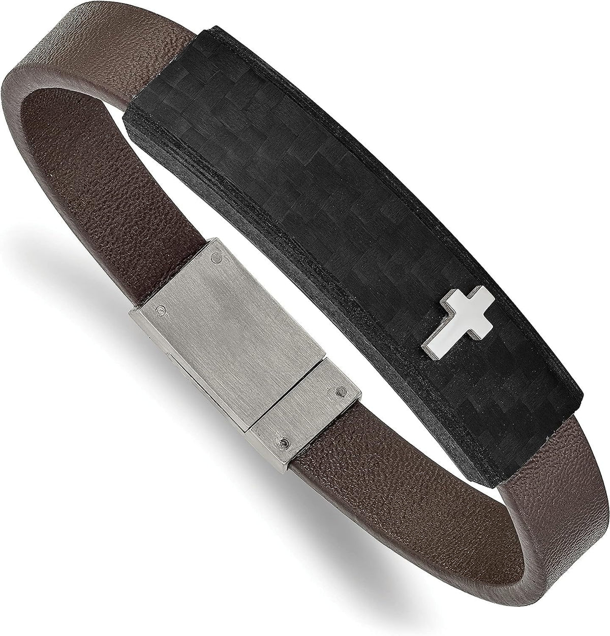 Chisel 8" Cross Polished Fiber Bracelet Steel Leather - Stainless Solid Faux Brown Carbon