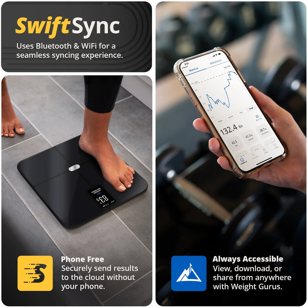Free Digital Bluetooth and Profiles Greater 10 User Goods App with and Smart Enabled Verve Featuring WiFi Scale, Bathroom AccuCheck Tracking SwiftSync,
