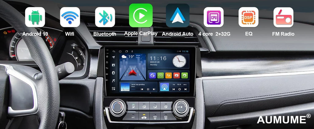 10 Android Radio Car Wheel Inch Din 2016-2020 Honda Touchscreen Built-in Backup Wireless 9 Civic Camera Double Carplay/Android with Auto/GPS/Bluetooth/FM/AUX-in/Steering Stereo Control for 2+32G