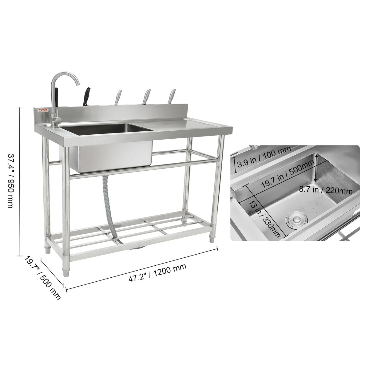 in Bowl BENTISM Utility Stainless Steel 47.2x19.7x37.4 w/Workbench Sink Single