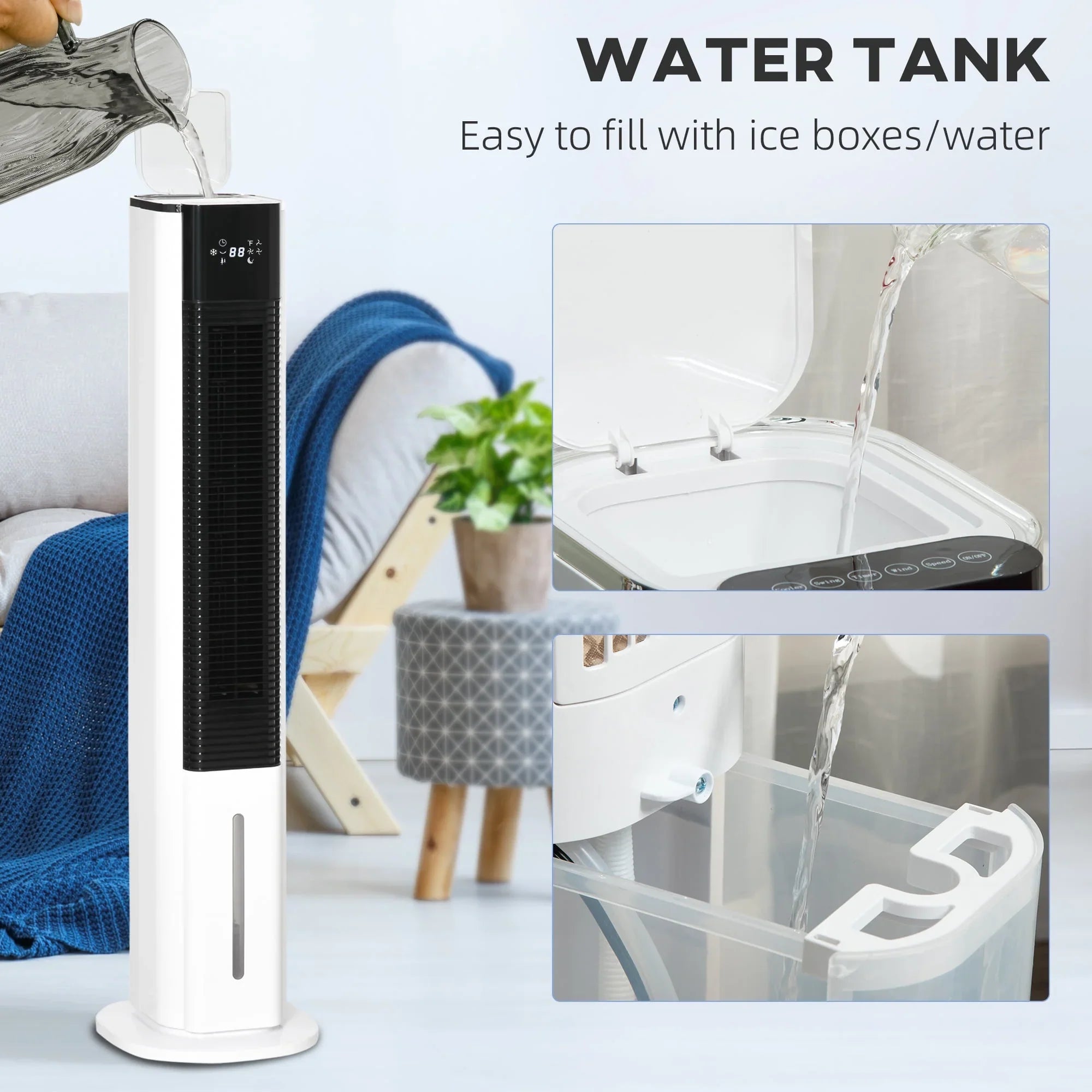 with Tank, 3-In-1 and Air Remote, Cooler, 1.6 Evaporative Gal White Portable Oscillating, Cooling 42" Ice Timer, HOMCOM LED Humidifier Water Display, Fan