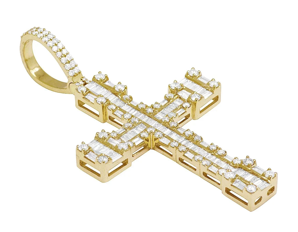 Gold Cross Baguette Gold Diamond 10K 1.5" 2.75CT-Yellow