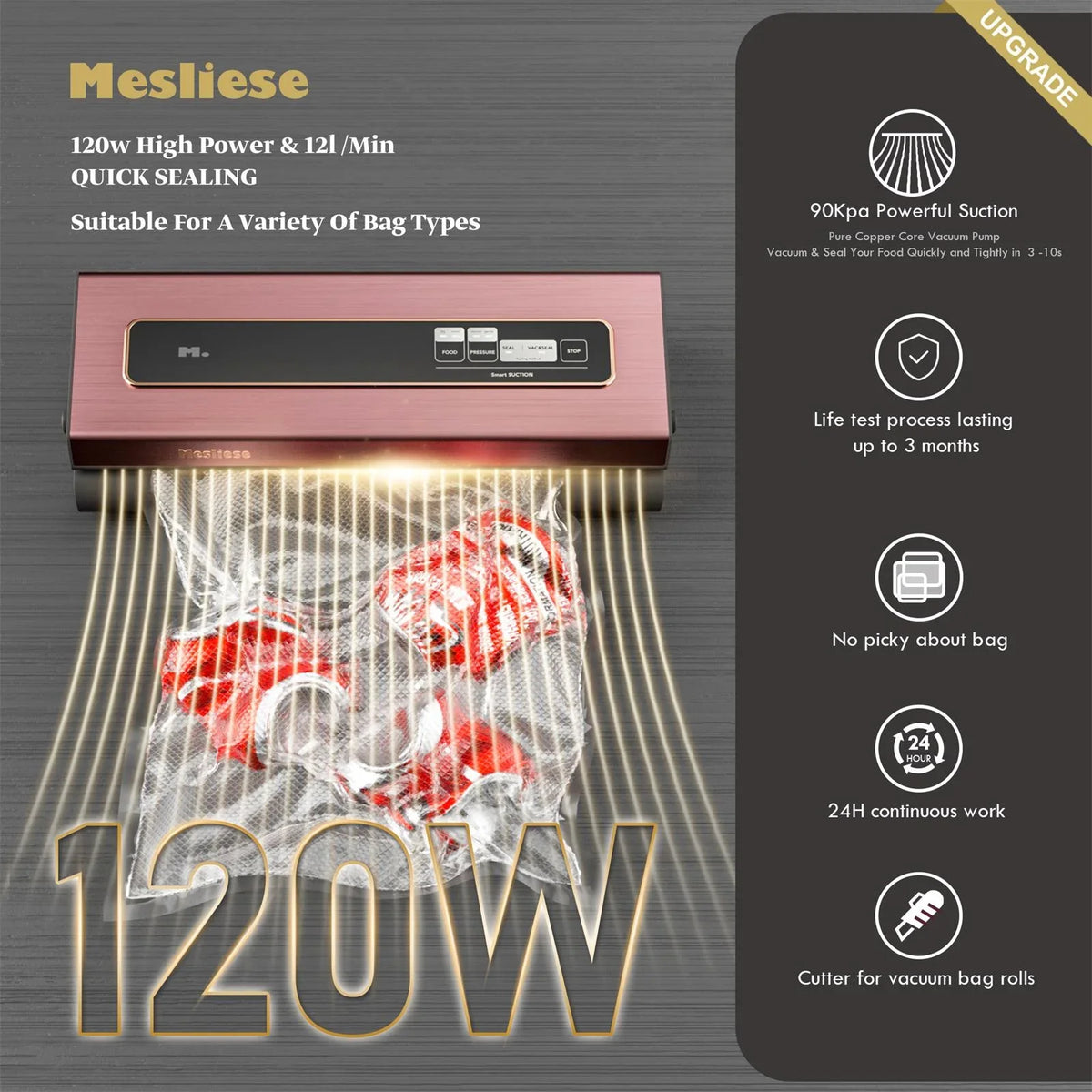 & (Pink) Precision Bags, Strip, Mesliese Dry&Moist 6-in-1 5 Preservation Rolls with Pre-cut 90Kpa Bag Widened Machine Powerful Modes 12mm System 2 Food Sealer Sealing Cutter, Vacuum Compact