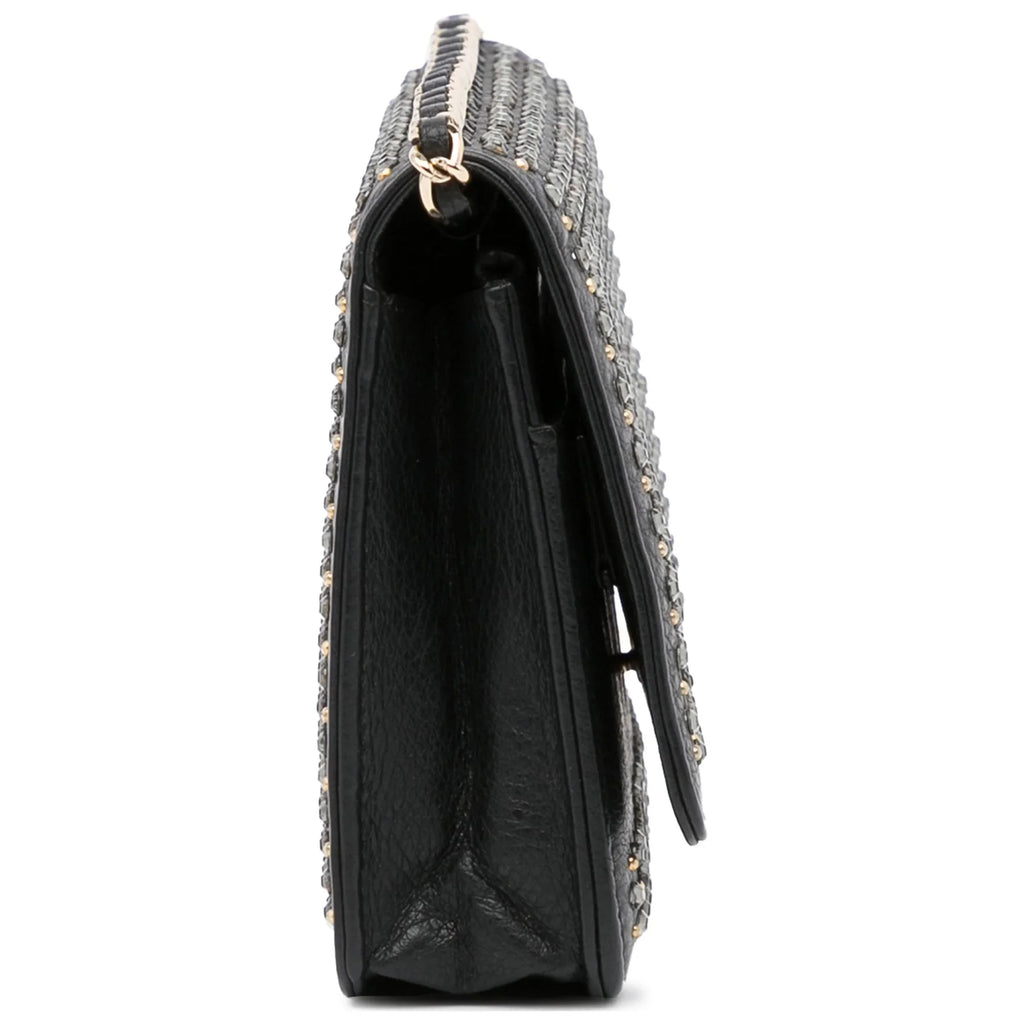 (Good) Crossbody Pre-Owned Authenticated Chain Calf Chanel Leather Unisex Black Wallet Studded Bag on