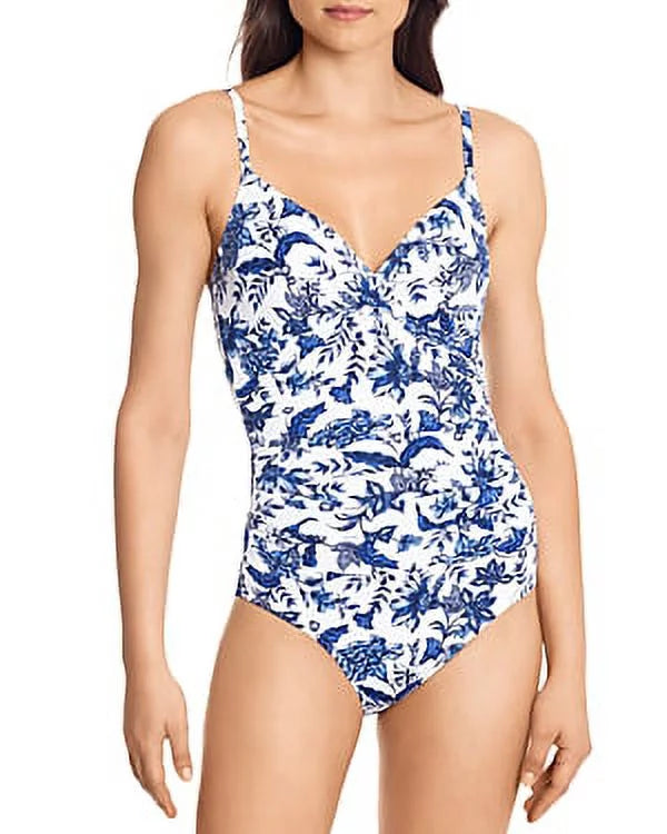 One-Piece Swimsuit, WHITE/BLUE Floral Underwire US Lauren Toile Ralph 6 Ruched