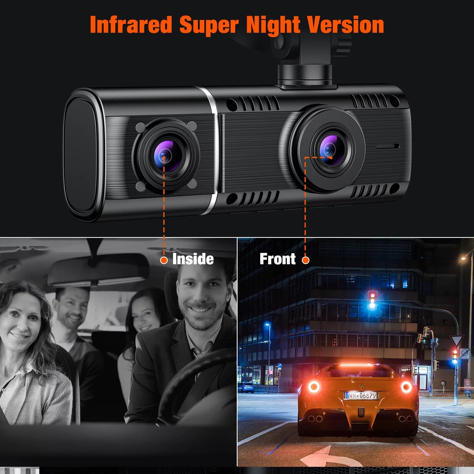 Dash Cam Detection Camera Three Front 3 Night Camera Motion Car Monitor Way with 1080P Channel Inside Accident Parking Triple Lock Vision and TOGUARD IR Dash Rear