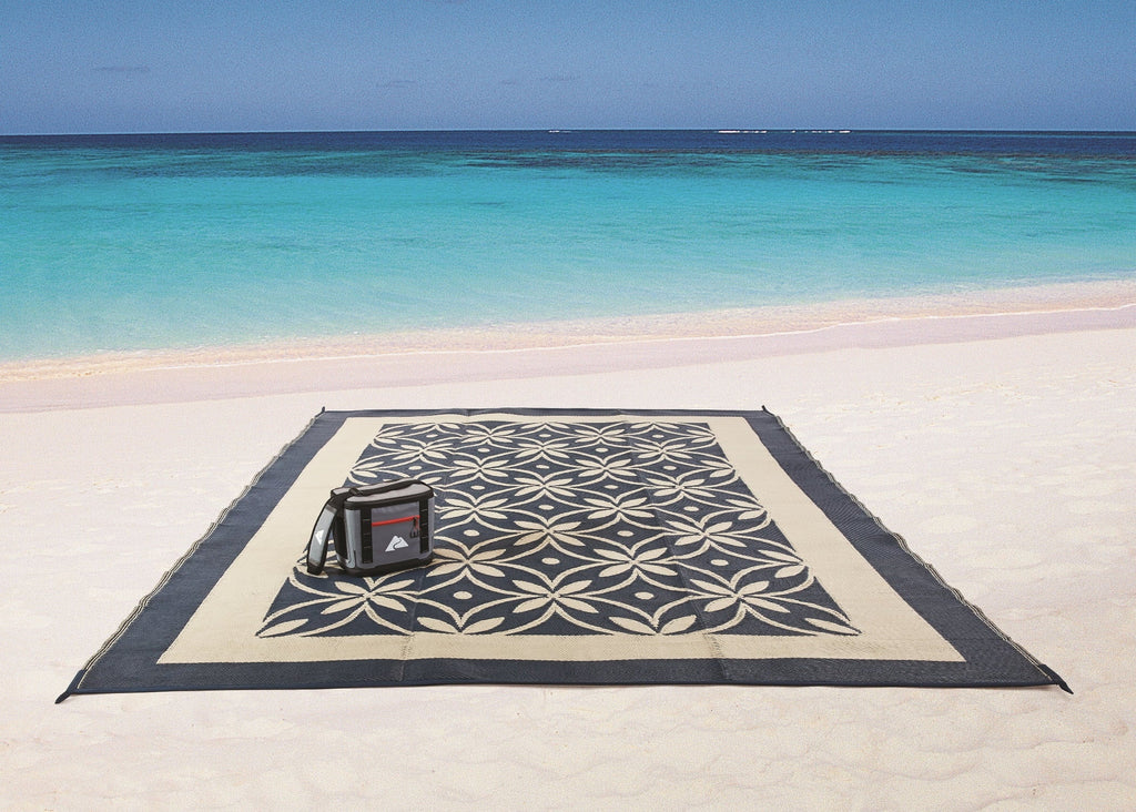 Design Flower Blue Garden RV Reversible Auto / Patios Good RV Mat, 9x12ft Tan for Patio and Drive