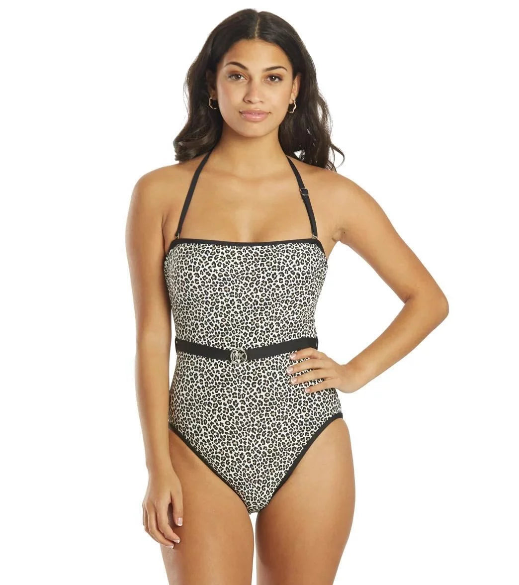 Bandeau Kors Piece Logo Printed One Belt Black Swimsuit Michael Women's Size 8