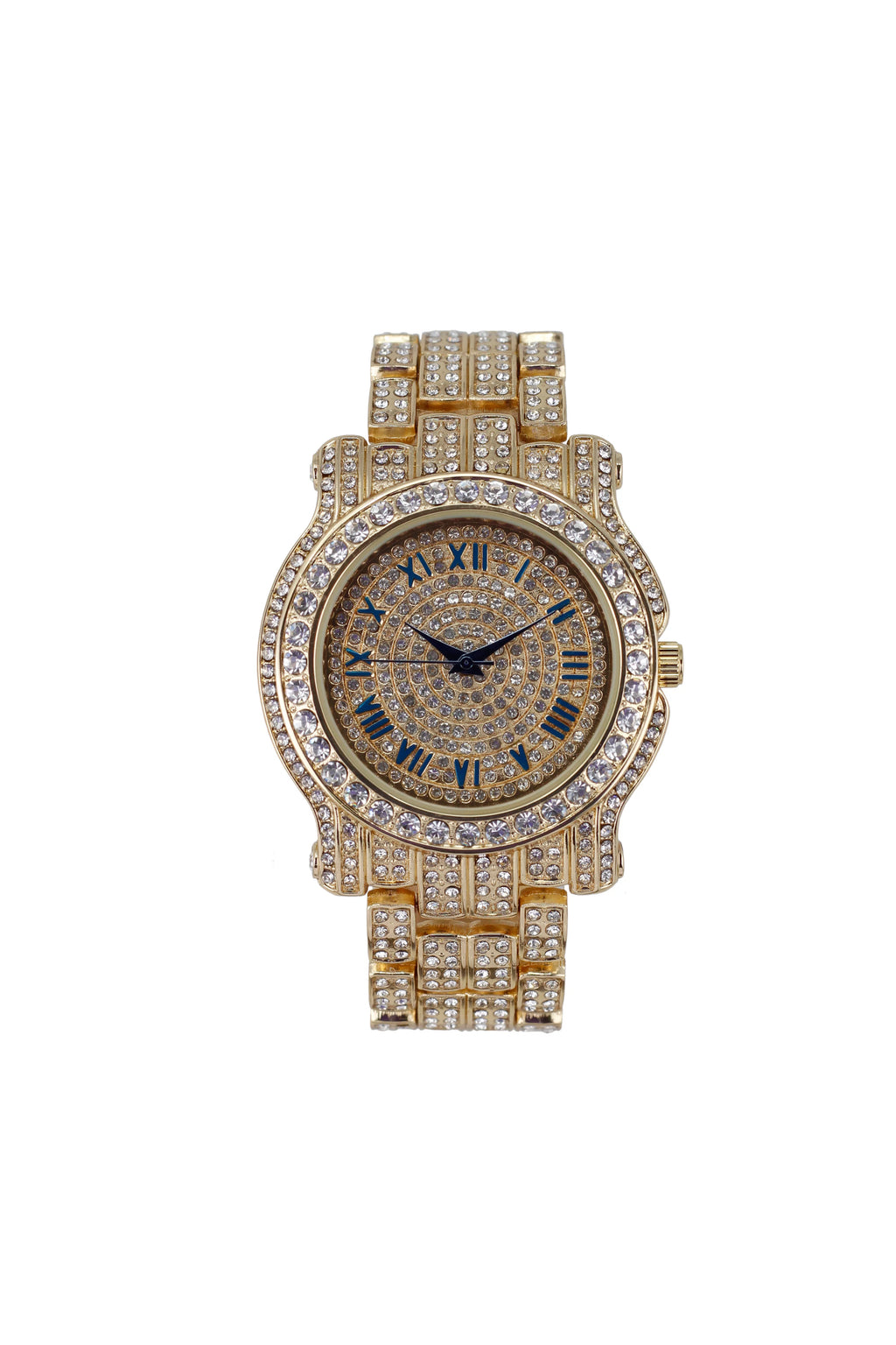 '- Set #Blue) Bracelet Out 3pc King Watch Cuban Bling-ed Luxury Round Out and w/Bling-ed Mens L0504 BR Ring Set(11,Gold Iced