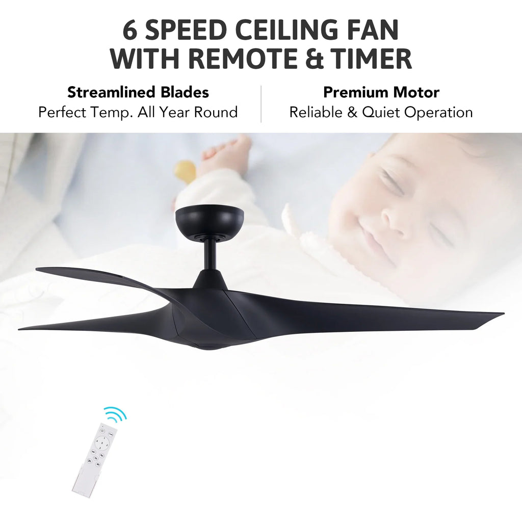 Fan Remote 3 Control, Ceiling Timer, Blades, Black with 52" 6 Speeds, Smart