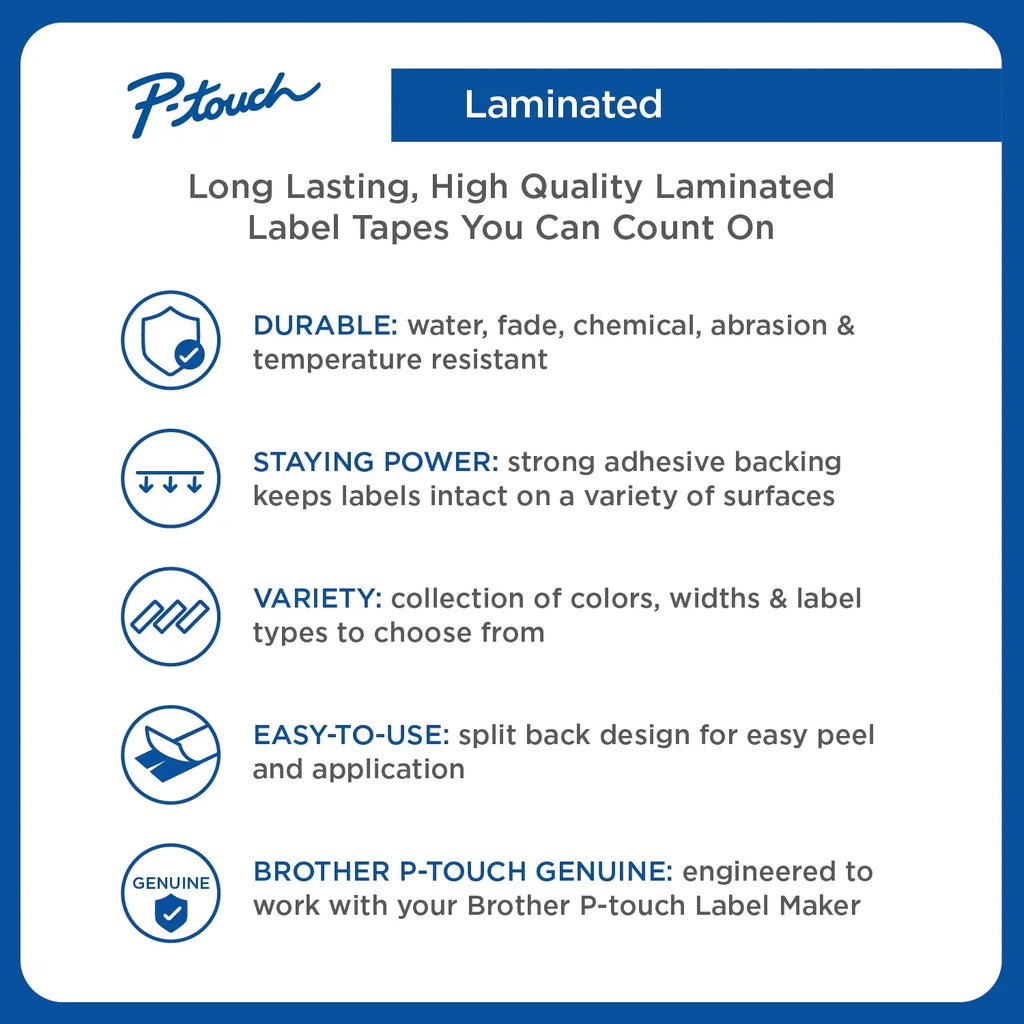 White, 2/Pack P-touch 1/2"w, Standard on Laminated Adhesive Tze Labeling Black Brother Tapes,