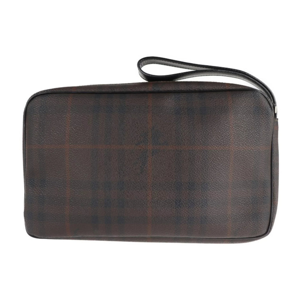 Pre-Owned BURBERRY Clutch Plaid Second PVC Burberry Dark Brown Bag (Good) Leather