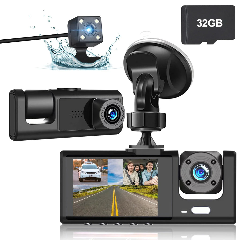 Car 1080P Triple Card, Way Channel Backup DVR Inside Dash TF Vision, Cam, Camera, 3 3 Cam Recorder, IR Dash Front Rear Dashboard G-Sensor Driving W/32GB Inside Camera Night Dual