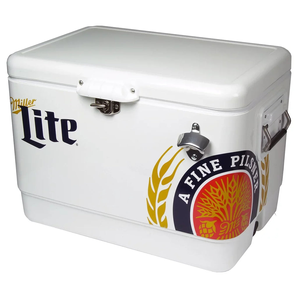 51L Fishing 85 Tailgating, Blue, Camping, Beach, Portable Chest with Cooler, RV, QT), Opener, and Beverage BBQs, (54 White steel-belted Can Bottle Miller Lite for Cooler Ice