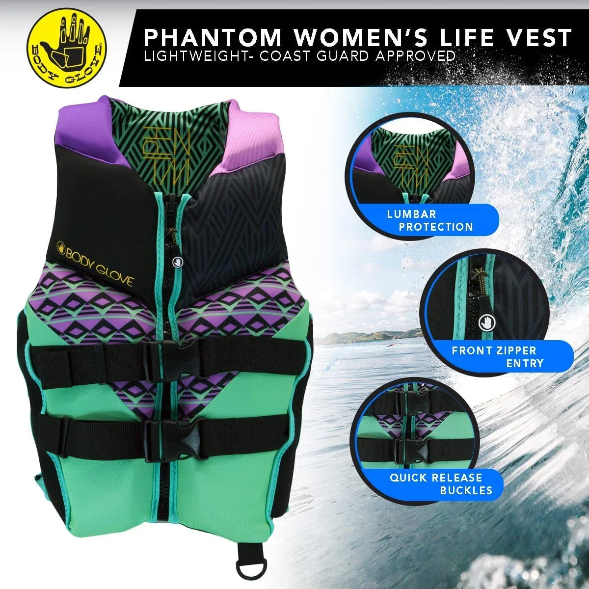 Jacket 2XL, Women, PFD-Adult Aqua -Adult, Phantom Glove- Women's Body Life