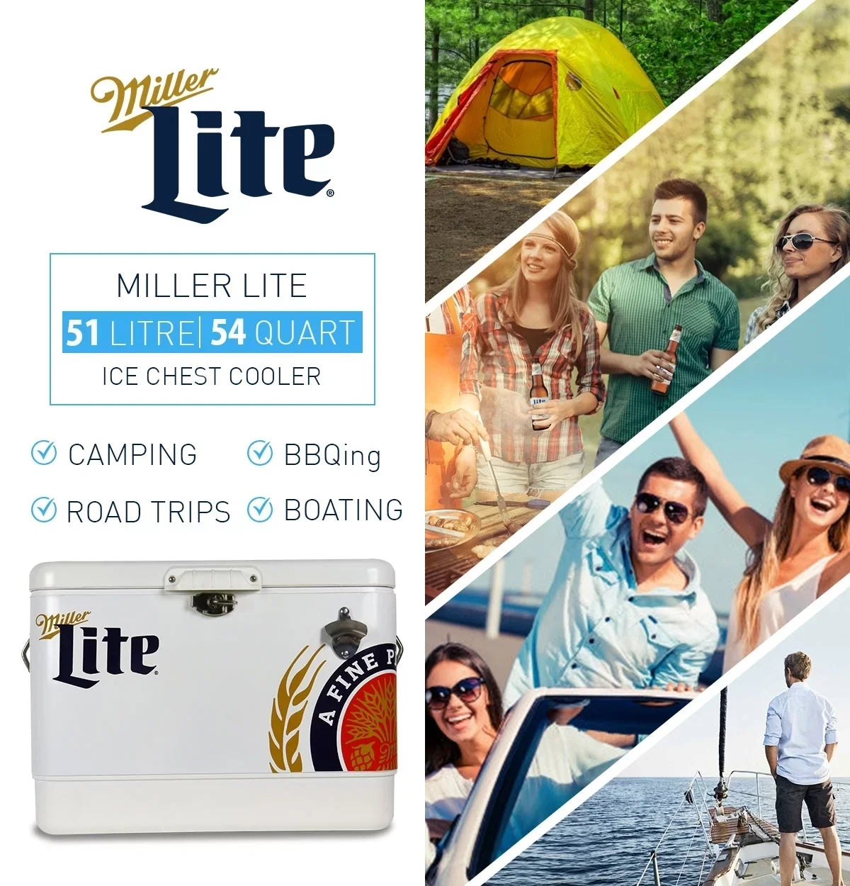 51L Fishing 85 Tailgating, Blue, Camping, Beach, Portable Chest with Cooler, RV, QT), Opener, and Beverage BBQs, (54 White steel-belted Can Bottle Miller Lite for Cooler Ice