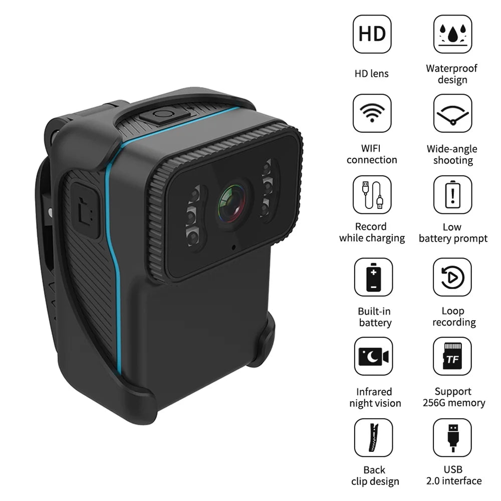 Built-in Night Vision, Wide Video 1080P Camera, Clip Action Backside Recording, Lens, Angle Battery, Video Waterproof, Loop Microphone, Andoer Camera, WiFi