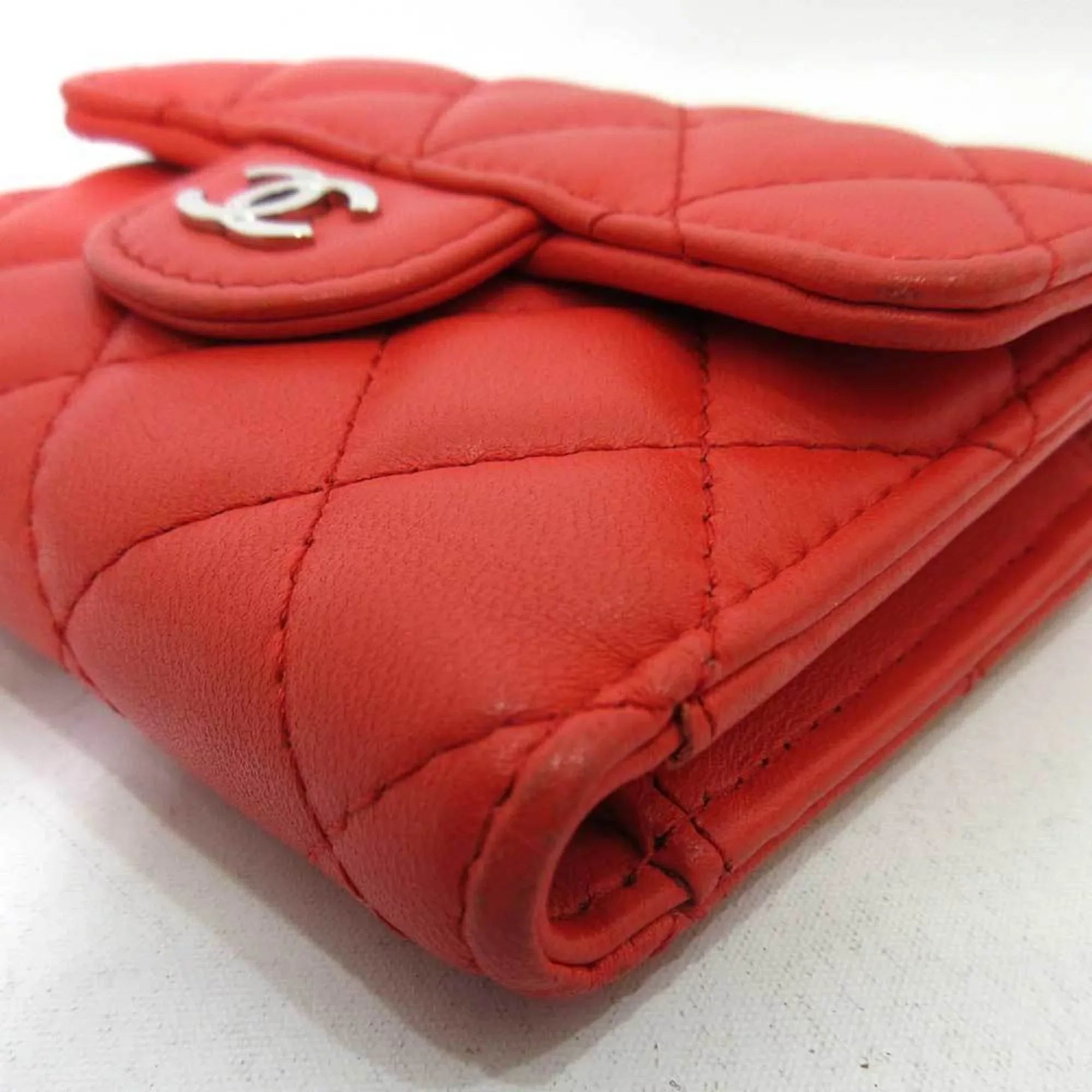 Pre-Owned Lambskin Orange Wallet Matelasse Metal Fittings Chanel CHANEL Series Red Women's Mini (Good) Silver Small Trifold
