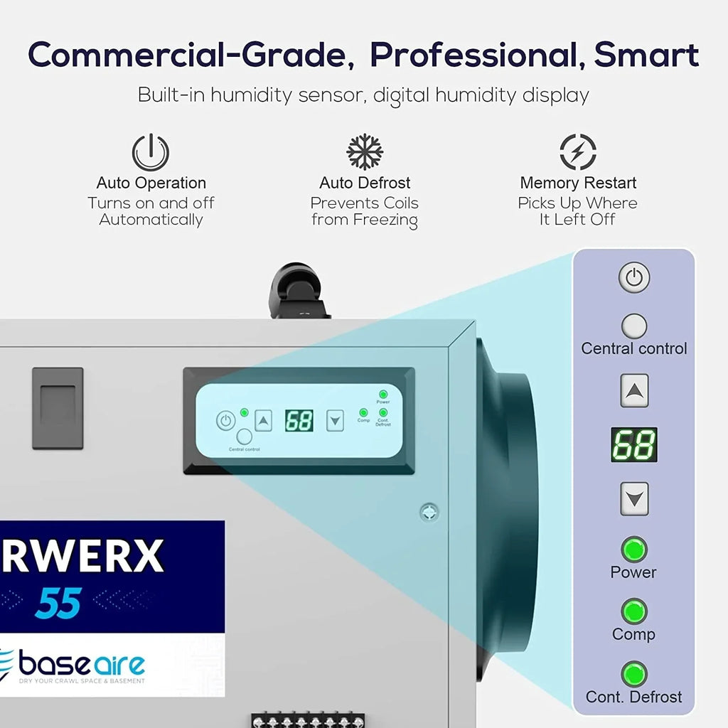 Treatment Memory BaseAire Hose Dehumidifier for Spaces, Air Pint Starting Commercial Basements, Crawl Refine Defrost, 113 Drain with Auto