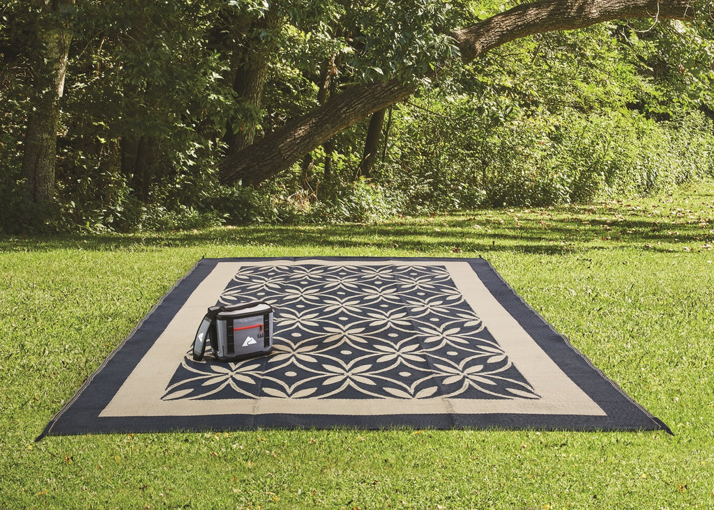 Design Flower Blue Garden RV Reversible Auto / Patios Good RV Mat, 9x12ft Tan for Patio and Drive