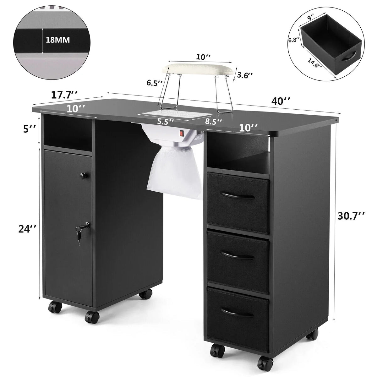 Lockable Manicure Artist Wrist with Desk Nail Table Cushion, Shelves Black Station Downdraft Beauty Wheels, Vent, Electric Drawers, Hand