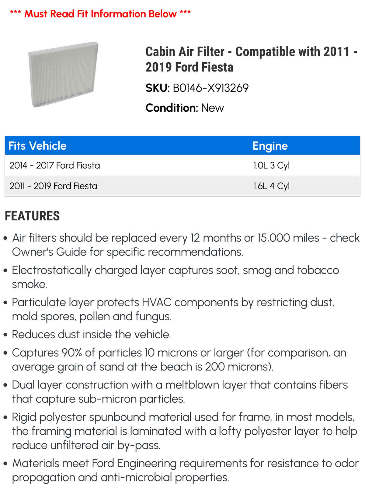 2011 Ford with 2019 - Air Fiesta 2015 - 2017 2014 2012 Compatible Cabin 2018 Filter 2016 2013
