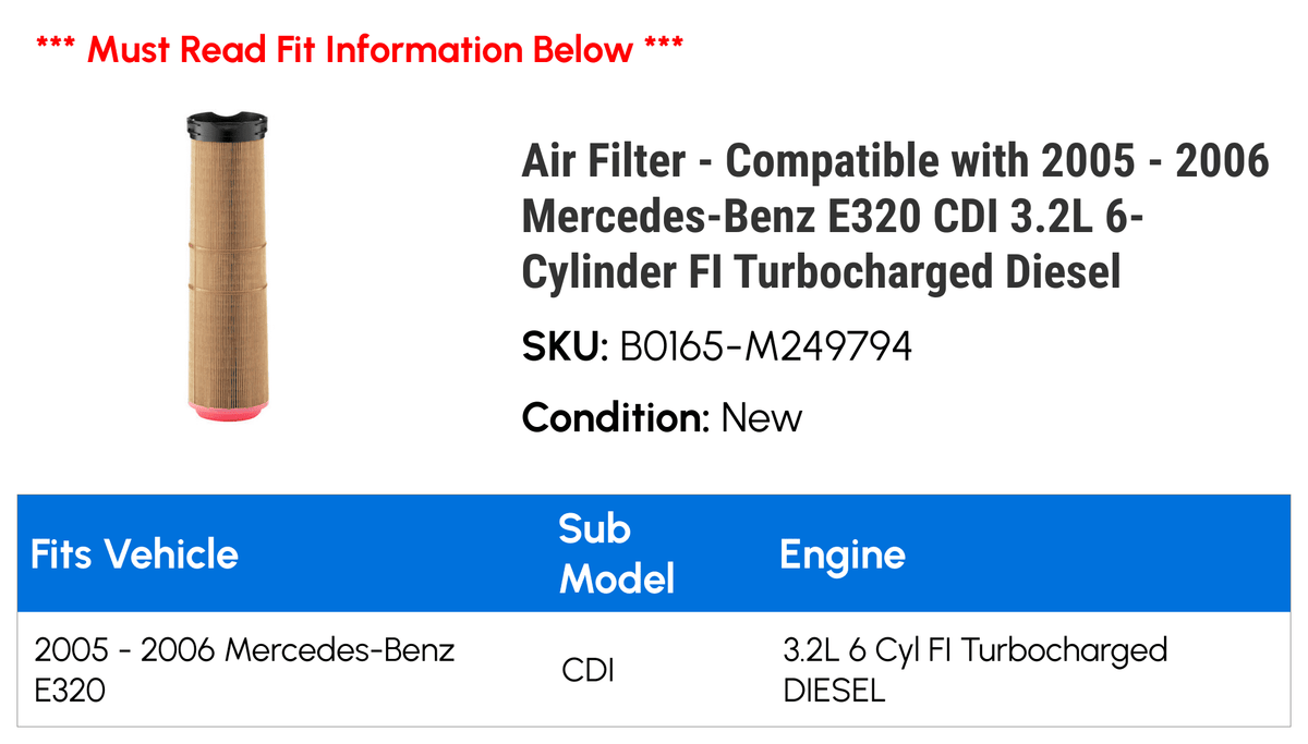 Filter CDI 2005 Air 3.2L Diesel - Mercedes-Benz Turbocharged - FI Compatible with 6-Cylinder 2006 E320