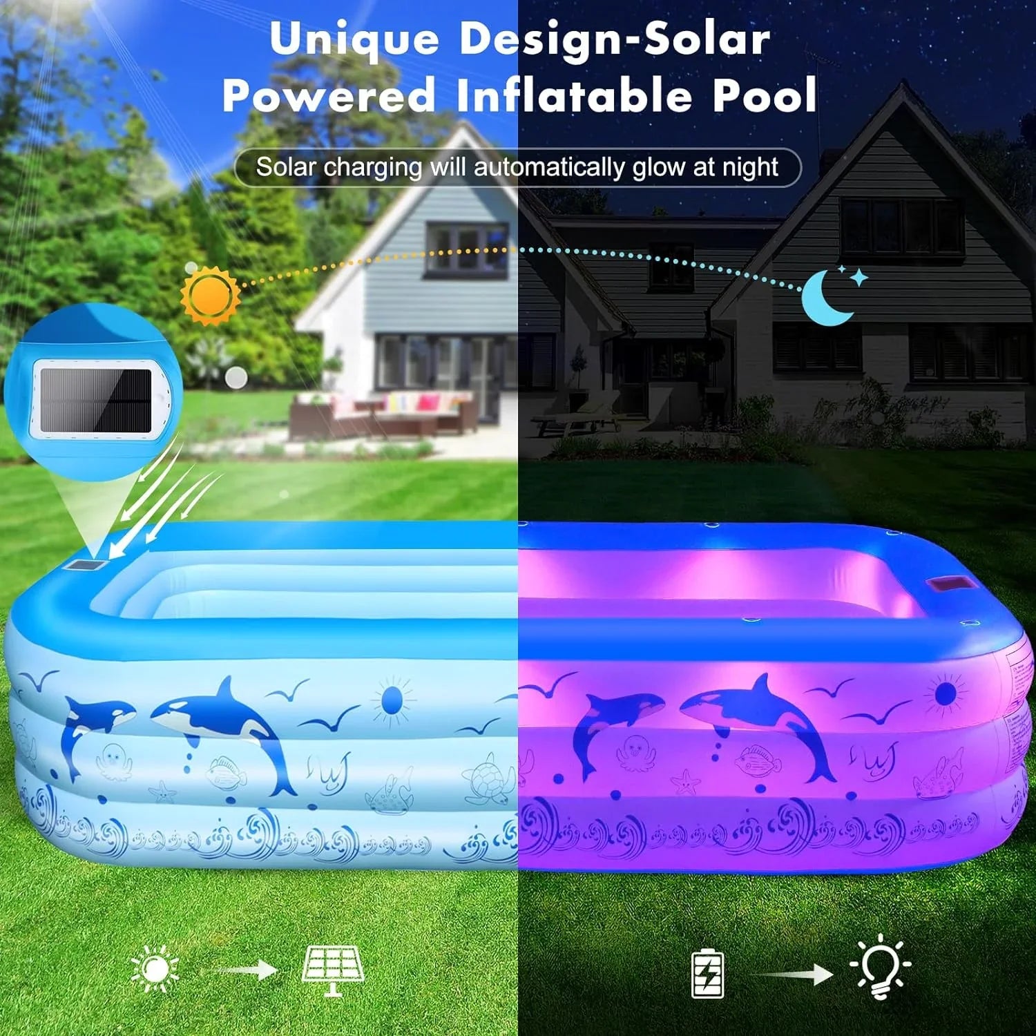 Backyard Family Powered, Pool Pool Pool with for Solar 105"x65"x25''Oversized up Swimming Thickened Kiddle Blow Pool, Inflatable 2024 Kids,Adults, Upgraded for Lights, Pool Large Inflatable