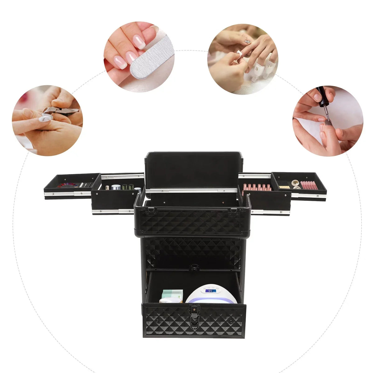 Trunk Case Rolling Nail Salon Cart Manicure Luggage Trolley Cosmetic Organizer Makeup Box Wheeled Storage Black Case Aiqidi Train