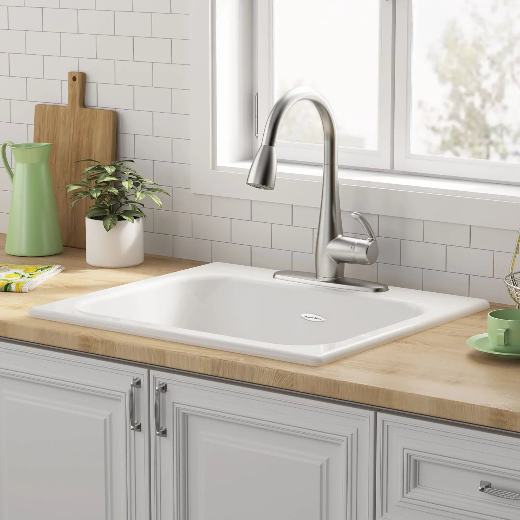 Kitchen Drop-in in Sink Bowl Quince in. American Cast 3-Hole Single White Standard 25 Brilliant Iron