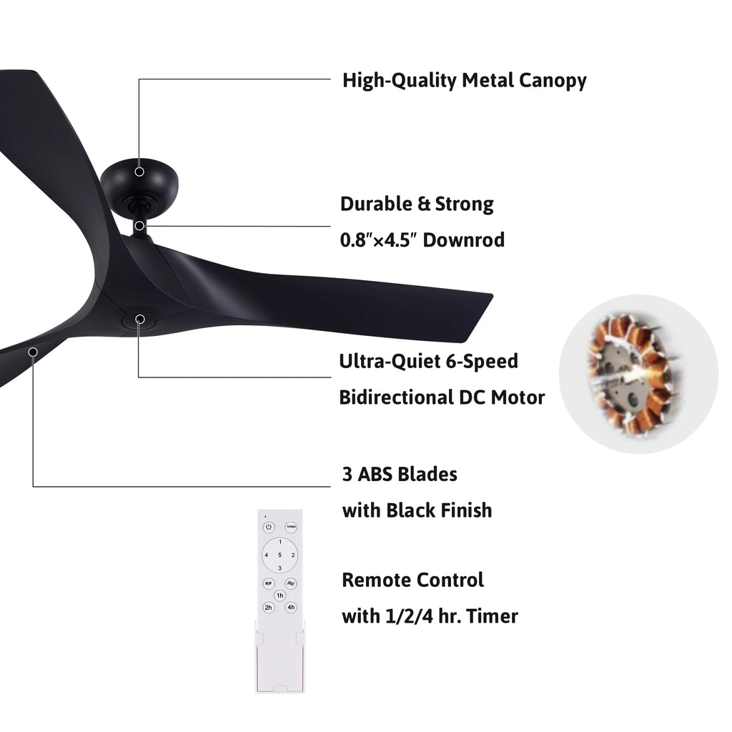 Fan Remote 3 Control, Ceiling Timer, Blades, Black with 52" 6 Speeds, Smart
