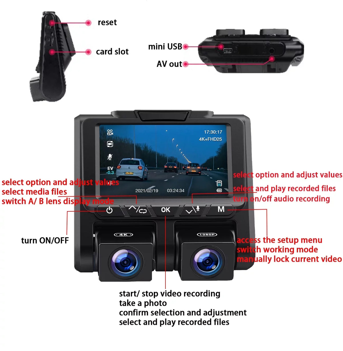 Dash Black 1080P+1080P Camera Front Cams and Inside LCD 3" Cam, Car Dashboard Dual Camera TOGUARD Dash Full HD