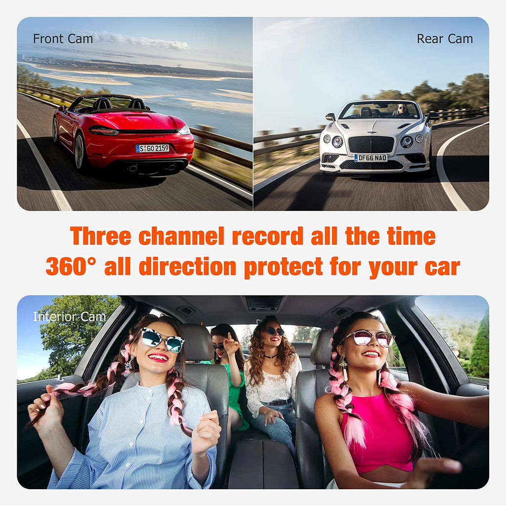 Dash Cam Detection Camera Three Front 3 Night Camera Motion Car Monitor Way with 1080P Channel Inside Accident Parking Triple Lock Vision and TOGUARD IR Dash Rear