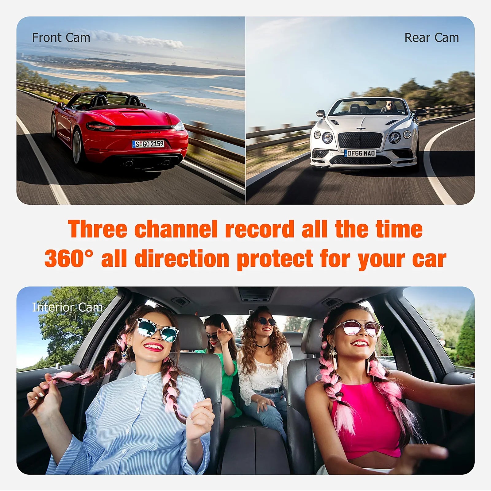 Dash Cam Detection Camera Three Front 3 Night Camera Motion Car Monitor Way with 1080P Channel Inside Accident Parking Triple Lock Vision and TOGUARD IR Dash Rear